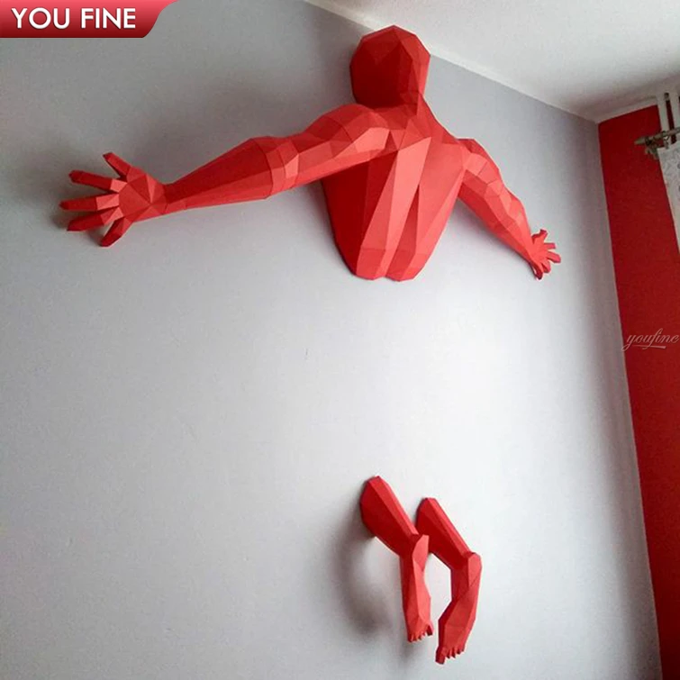 High Quality Art Metal Figure Statue Stainless Steel Sculpture Man Running On Wall