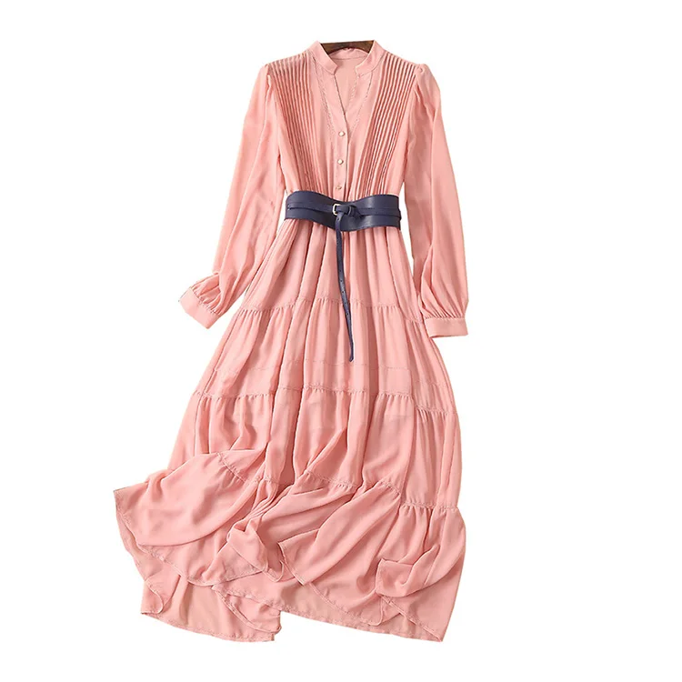 
Spring 2021 Temperament V Neck Long Sleeved Pink Dress Waist Slimming Long Skirt Dress 
