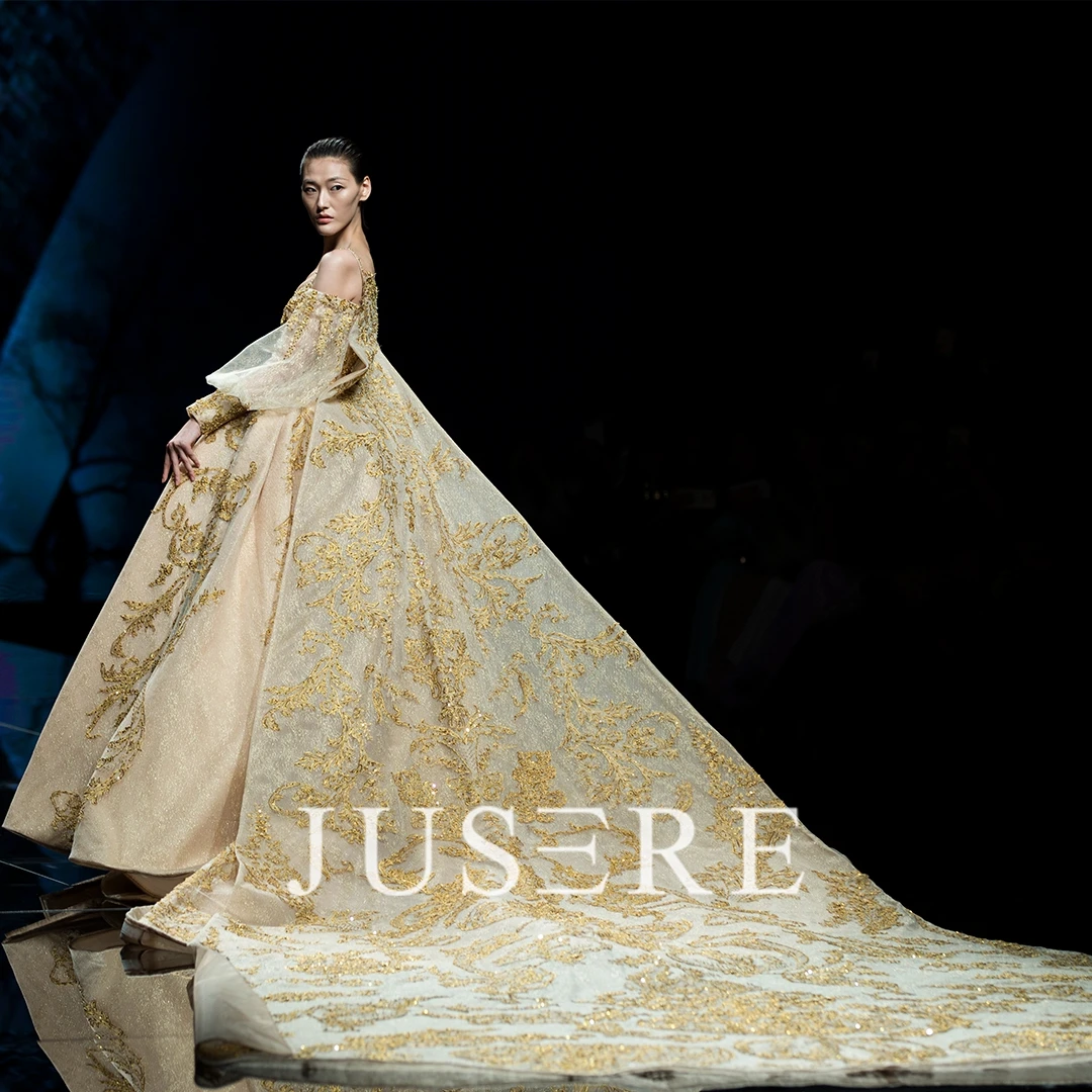 Luxury Heavy Golden Embroidery Royal Wedding Dubai Cathedral Train Ball Gown Wedding Dresses