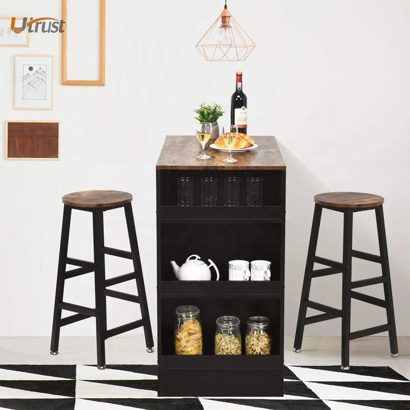 Luxury fancy strong bar table set with high back chairs table bar caffe set funiture  wood high bar counter table sets modern