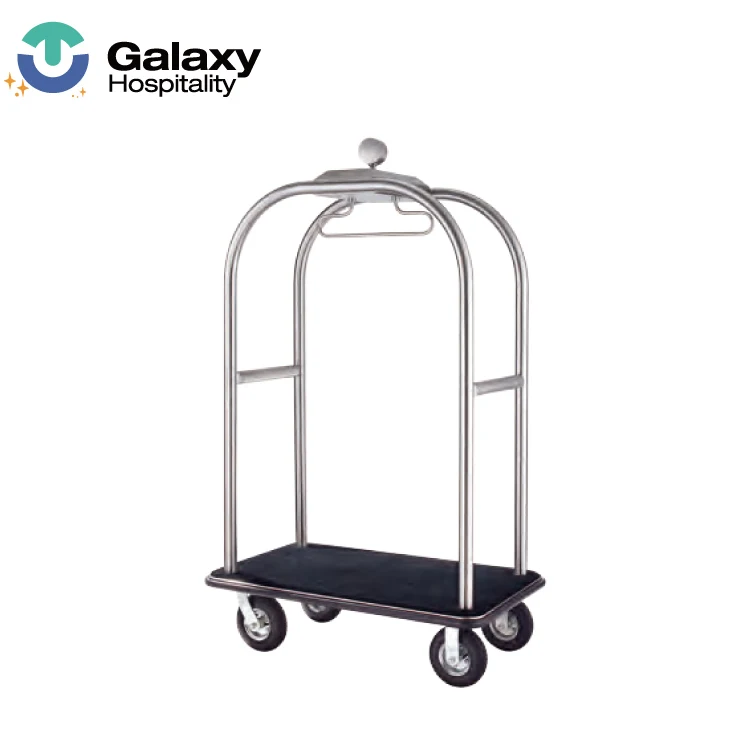 
4 Wheels Stainless Steel Gold Color Used Hotel Bellman Luggage Trolley Cart For Sale 