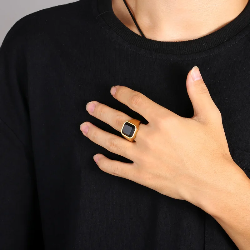 Wholesale stainless steel black big stone gold ring designs for men
