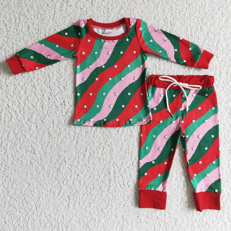 New Fashion Fall Baby Girls Christmas Striped Stars Long Sleeve Trousers Set Wholesale Boutique Kids Clothing Set