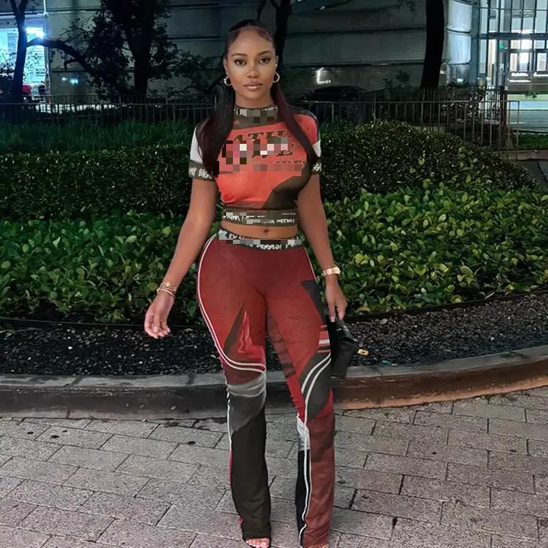 Sharee Summer Best Sell Sexy Mesh See Through 2 Piece Outfits Short Sleeve Crop Top Slim Pants Letter Print Women Two Piece Set