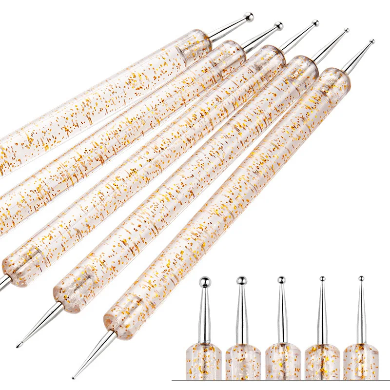 5 Pcs Nail Art Dotting Pen Brushes Set Crystal Handle Dual-ended Nail Painting Rhinestones Picker Manicure Tools