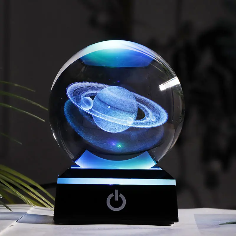 Crystal Solar System Planet Globe 3D Laser Engraved Sun System Ball with Touch Switch LED Light Base Astronomy Gifts