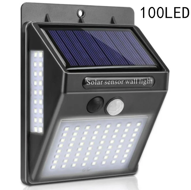 Ningbo 3 sides outdoor lighting pir 100 led bright solar powered wall mounted security light with motion sensor night light
