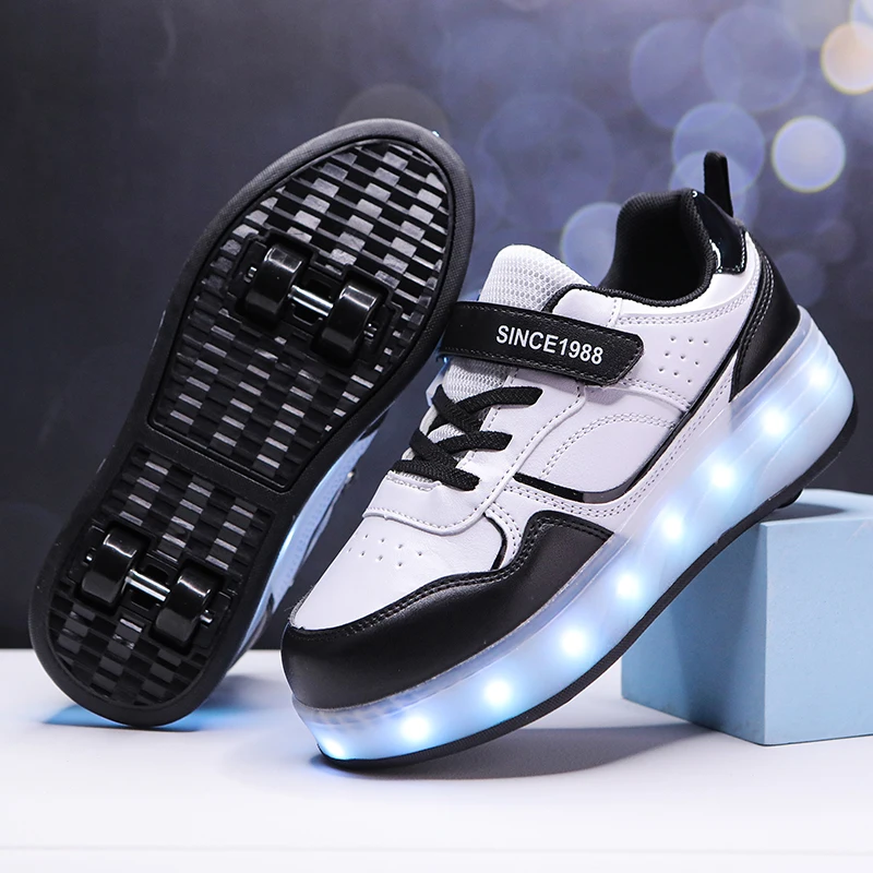 Aikuass LED Light up USB chargeable Roller Shoes Leather Upper Wheeled Skate Sneaker for Boys & Girls Christmas & Birthday Gifts