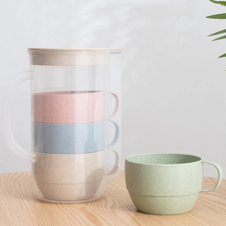 Customize Home Large Capacity Unbreakable Eco Friendly Wheat Straw Fiber Plastic Drink Coffee Tea Kettle Cup Mug 5 Piece/Set