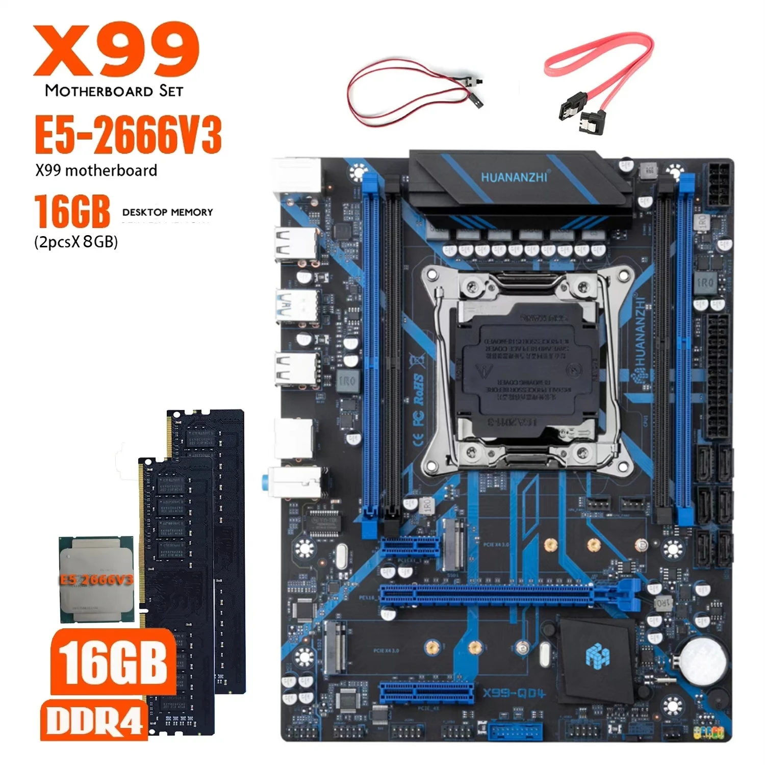 Материнская плата HUANANZHI X99 QD4 с E5 2666V3 16 ГБ 2133 МГц (2*8 г) DDR4 комплект комбо для настольной памяти NVME USB 3 0x99 материнская