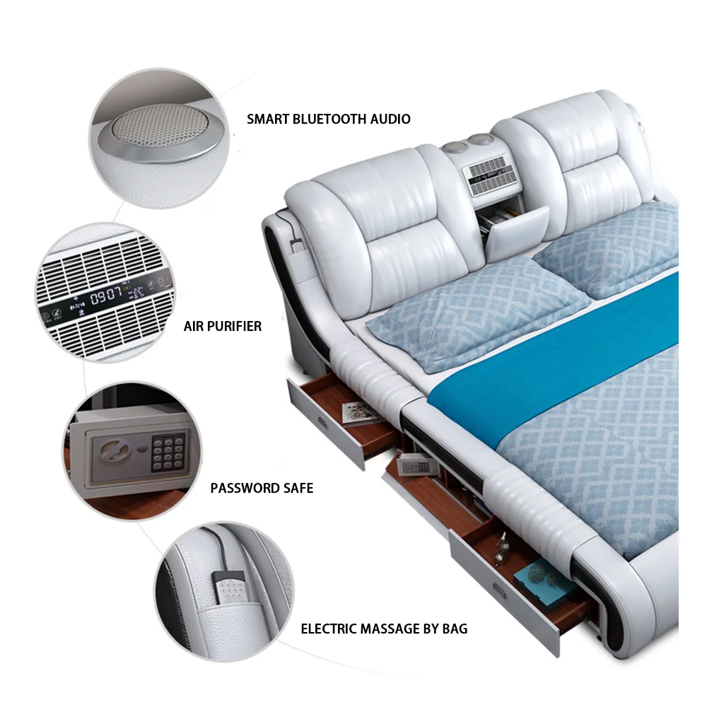 Современная домашняя кожаная роскошная мебель для спальни многофункциональная Массажная кровать татами умная аудио двуспальная