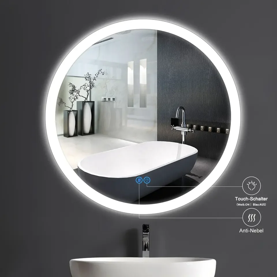 Modern style hotel led bathroom mirror smart round mirror with white frame touch switch