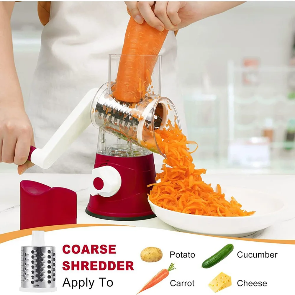 Promotion Kitchen Drum Shredder Vegetable Slicer Rotary Cheese Grater Manual 3 Replaceable Blades With Suction Base Metal Handle