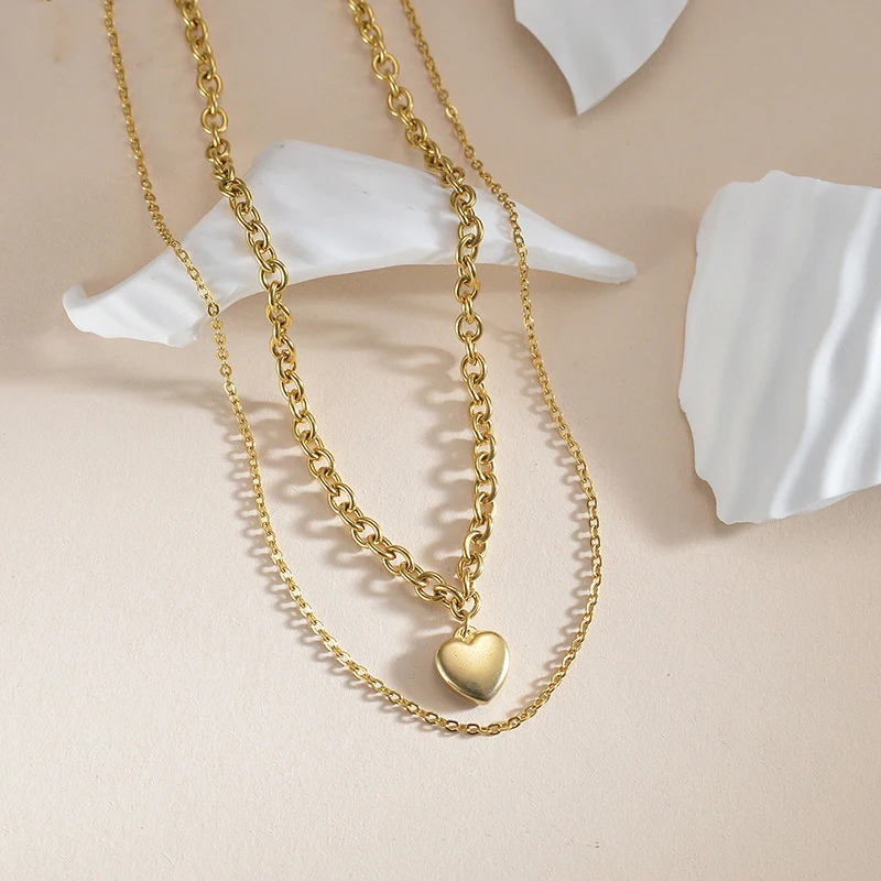 Fashion 18K Gold Plated Jewelry Double Layer Cross O Link Cable Chain Stainless Steel Heart Pendant Necklace