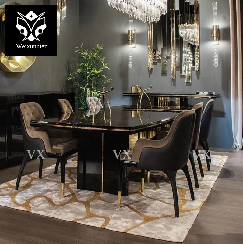 Luxury wooden top dining table 8 seater dining room furniture set stainless steel base Leg 6 8 10 people marble dining table