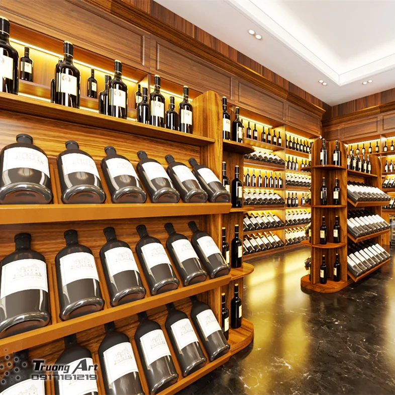 Retail Wine Shop Interior Display Decoration Wine Store Custom Wooden Metal Wall Mounter Wine Sheif Smoke Display Stand