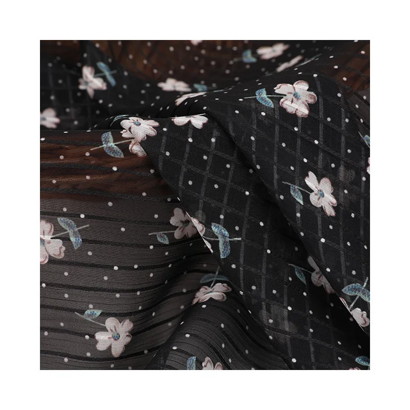 Wholesale spring and summer new striped chiffon small flower printed fabric for dress OEM