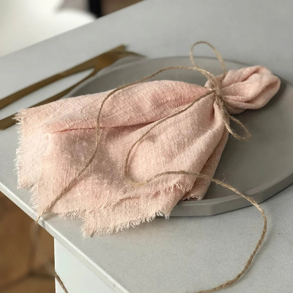 Beautiful handmade frayed edges table decor peach pink color recycled eco friendly cotton gauze napkins 43x43