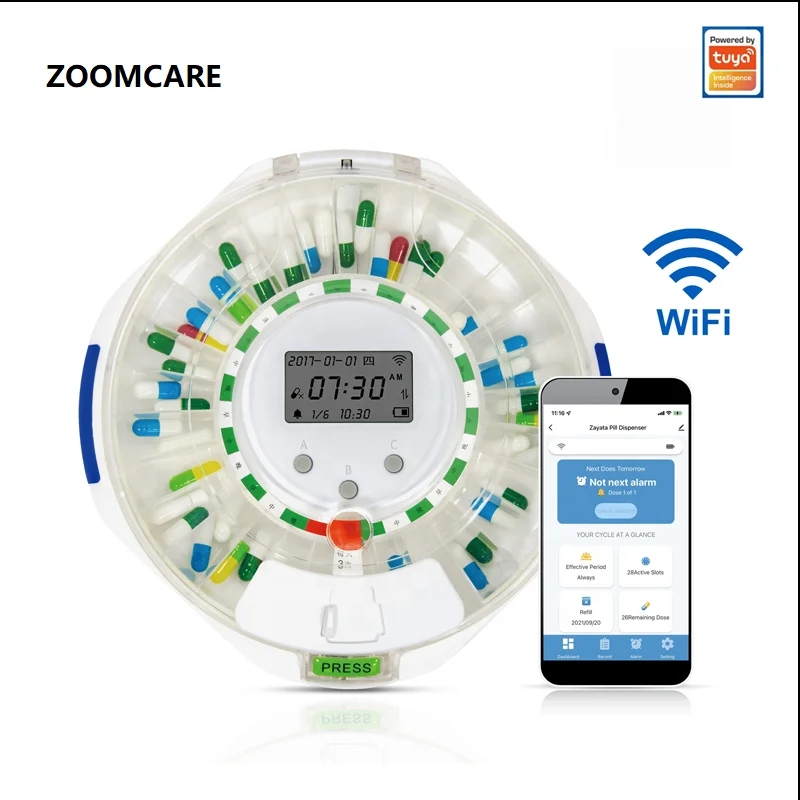 Smart WiFi Automatic Pill Dispenser 28-Day Medication Organizer Up to9 Doses Per Day for Care Monitoring Battery-powered version