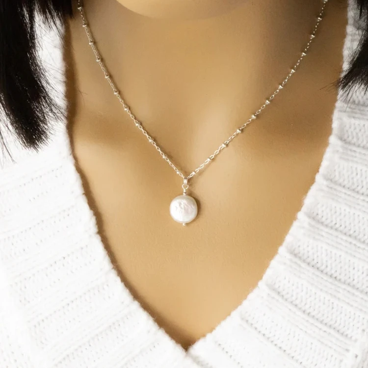 Luxury sterling silver single white coin water fresh pearl necklace for gift