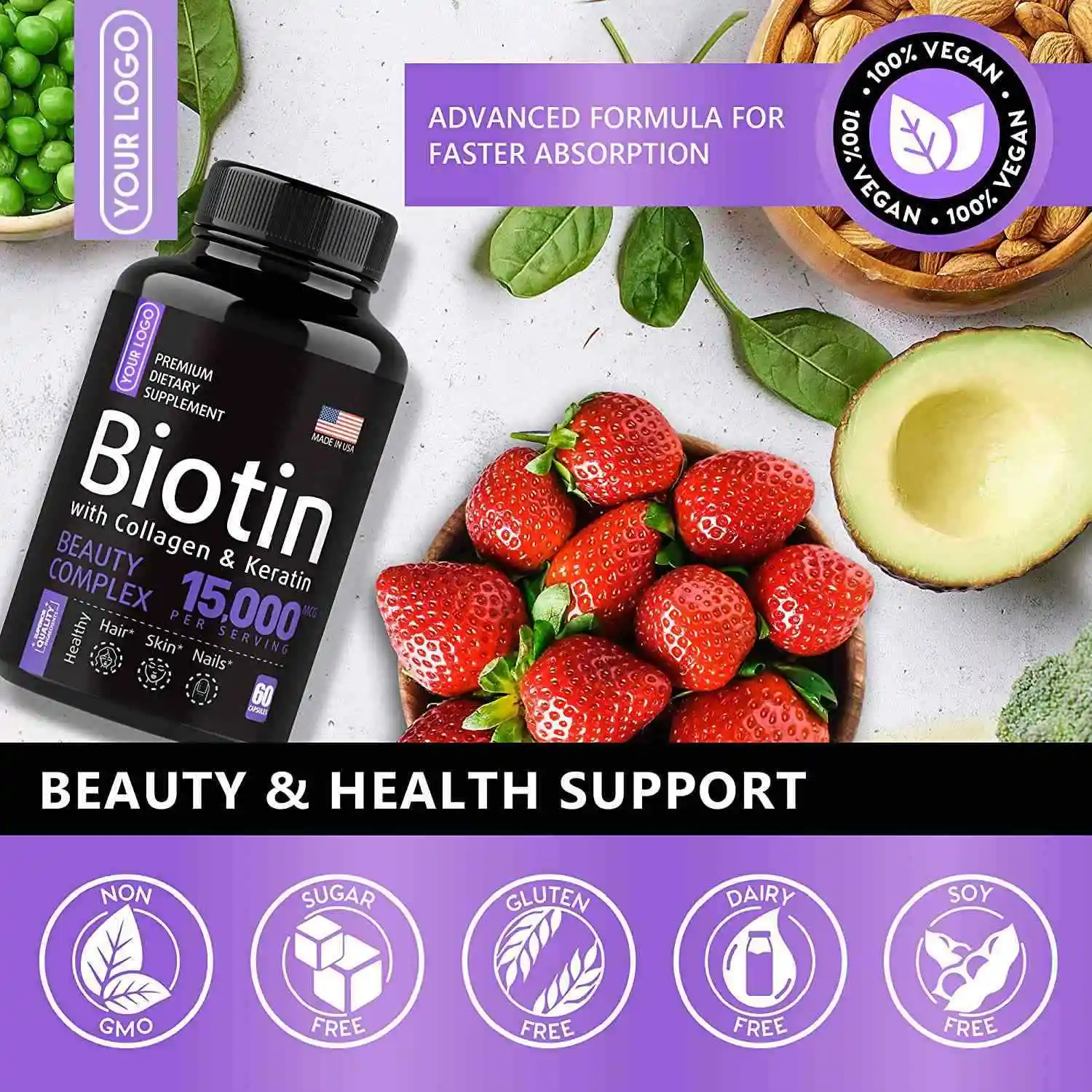 private label Biotin Keratin Collagen Pills organic   Biotin Capsules for Hair Skin and Nails Vitamins Biotin Supplement Price