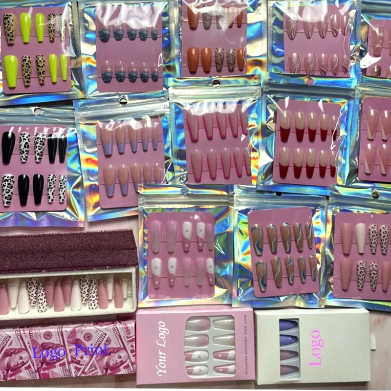 24Pcs Set Private Label Customized Press on Nails French Line Removable Fale Nails Press Designs Finished Nails