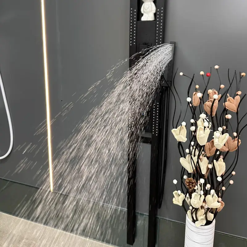 Fashionable Black Brass Wall Mounted Multi function Shower Panel Bathroom Large Waterfall Rainfall Shower Set