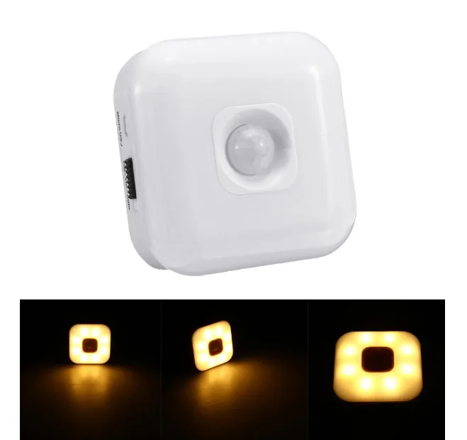 USB Rechargeable 8 LED PIR Motion Sensor Night Light Warm White/White Cabinet Closet Lamp