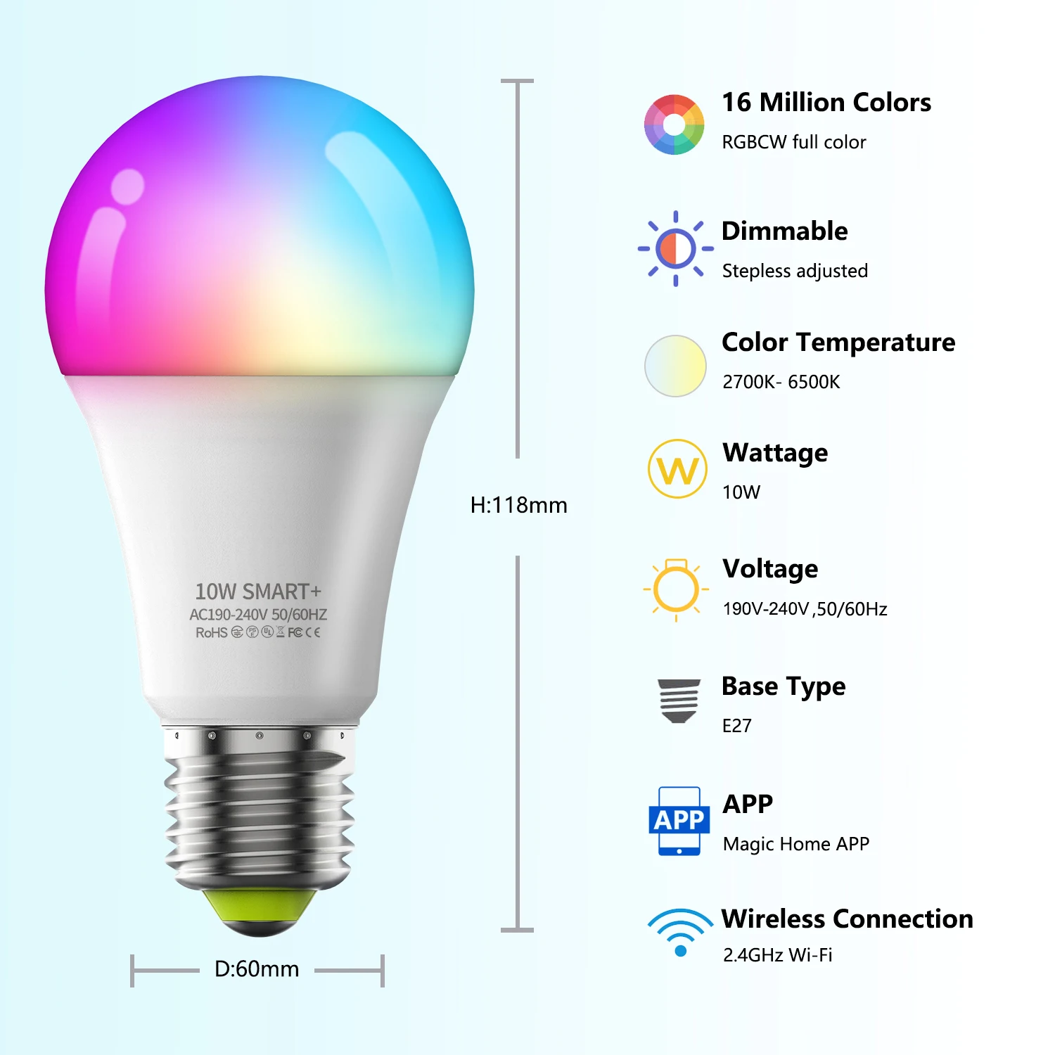 Экономичная СВЕТОДИОДНАЯ смарт-лампа E27 A60 10 Вт RGB CCT с регулируемой яркостью 4 шт. в упаковке приложением Wi-Fi голосовым пультом дистанционного управления для спальни