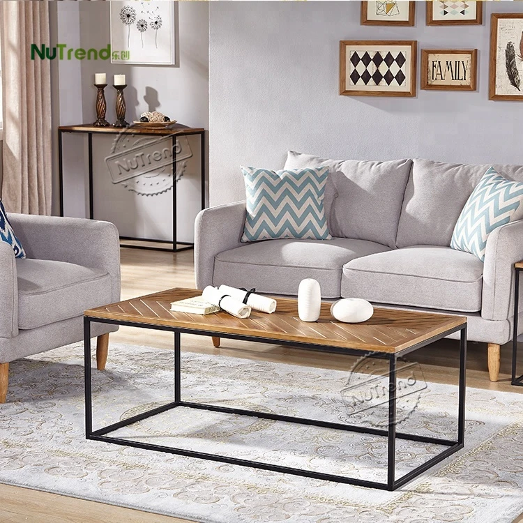 Antique Chevron Pattern Square Top Wood Veneer Metal Nesting Living Room Set of 2 Side Table