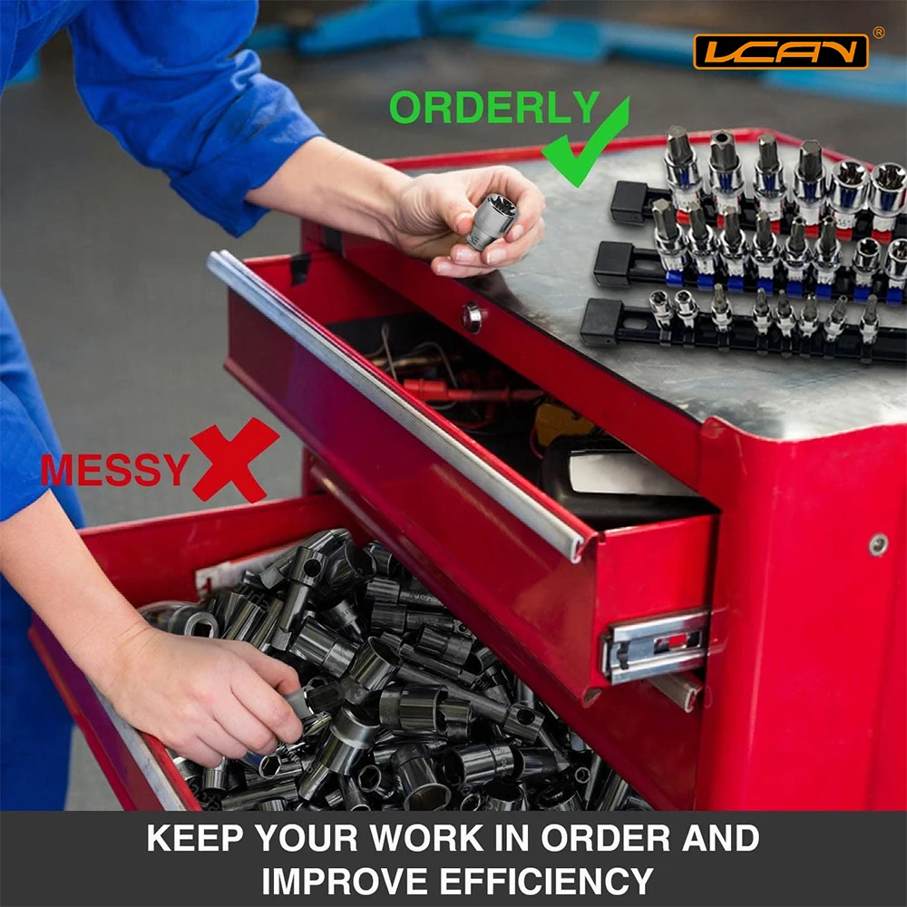 9-Piece Socket Tool Organizer Kit Standard Metric SAE 1/4 3/8 1 2 Inch Deep Size Holders for Socket Clips and Rails