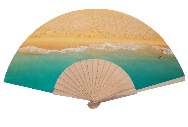 BSBH New Arrival  23cm Custom Printed Spanish Wood Bamboo Hand Fan For Colorful Beach Rave Wedding Party Folding Hand Held Fans