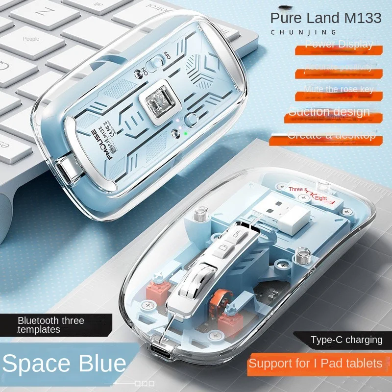 Wireless Gaming Mouse Full Transparent Double Mode 2.4G BT Ergonomic Silent Rechargeable PC Mac Computer Mice