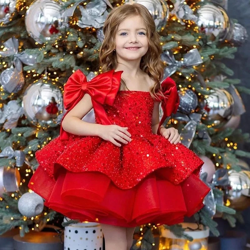 2024 Newest Children Christmas Party Prom Gown One Shoulder Bow Princess Sequin Puffy Dresses Baby Girls Ball Gown