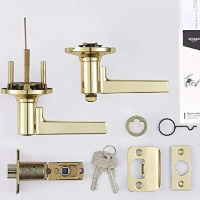 tubular door lever handle locks in gold  Satin brass color entry privacy  Passage Lever Handle Set locks