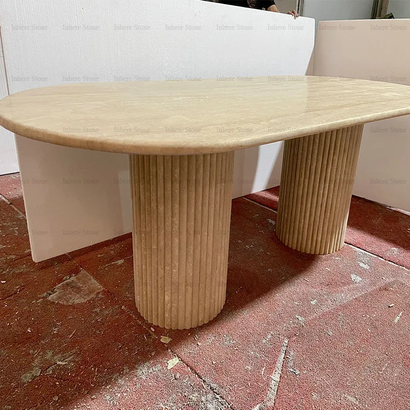 Customized New Modern Furniture Honed Natural Stone Oval Italian Beige Travertine Two Fluted Bases Dining Table