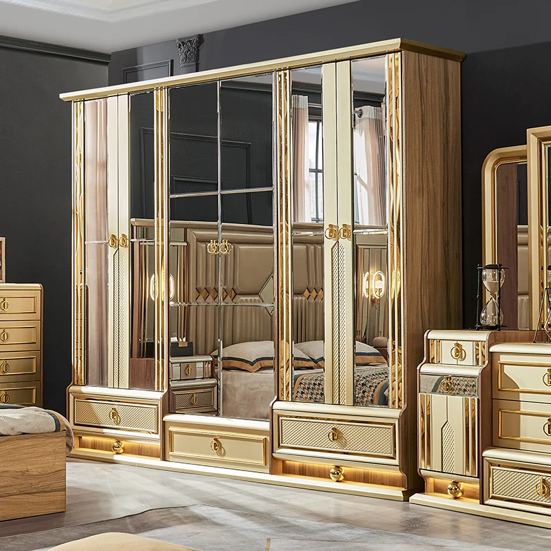 Classic Royal Chambre A Lit Coucher Luxe Complet Gold King Size Bed Set Full Wooden Home Furniture Bedroom Sets