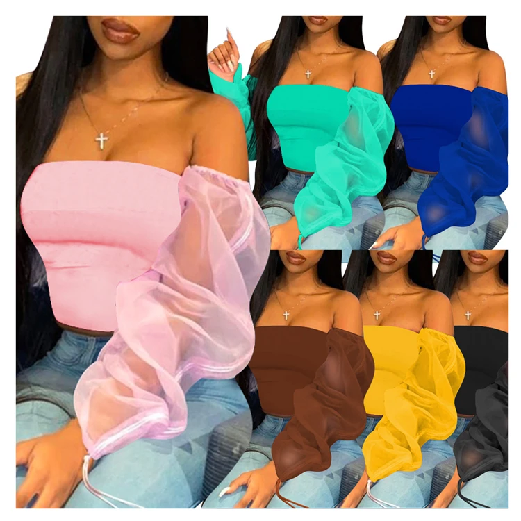 
Fall Fashionable Casual Solid patchwork Color Long Sleeves Sexy See-through Crop Tops T-shirt women shirts blouse 