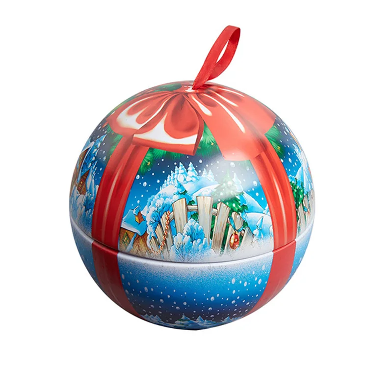 Free Samples Custom Printed Metal Iron Tinplate Ball Christmas Gift Candy Money Tin Box Ball Tin With Ribbon