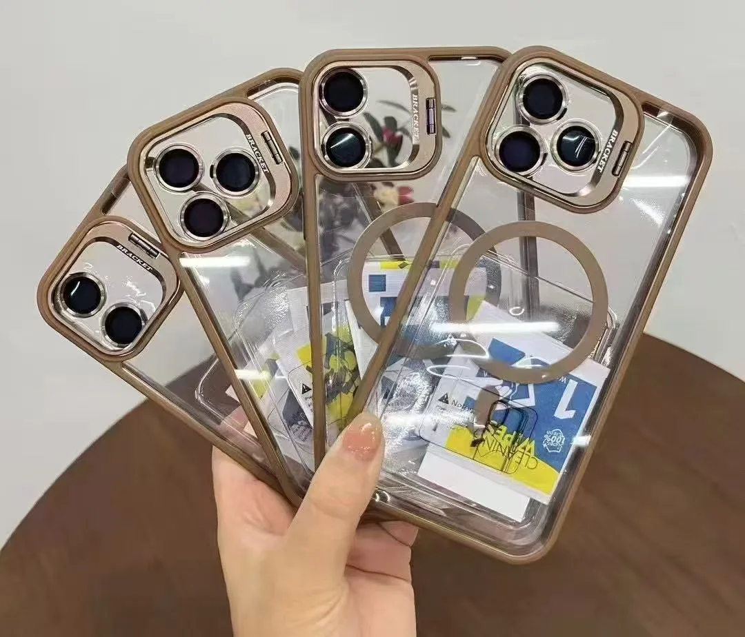 BAILI factory Color border Transparent acrylic magnetic 3 lens protective film stand cell phone case for Iphone 11 16 Pro max