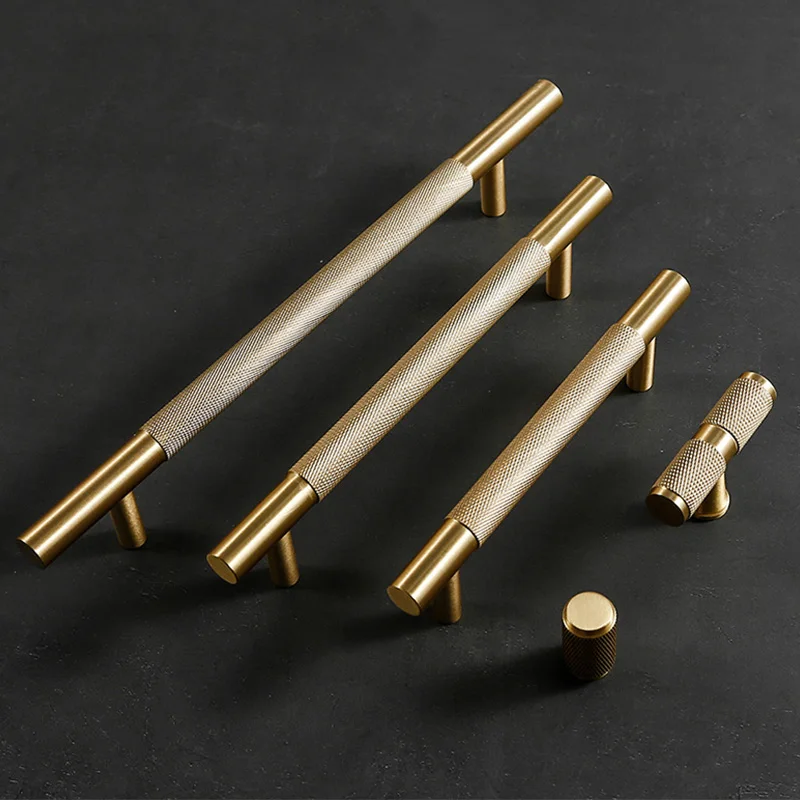 Solid Brass Furniture Door Handles Knurled Kitchen Door Pull Satin Brass T Bar Cabinet Handle