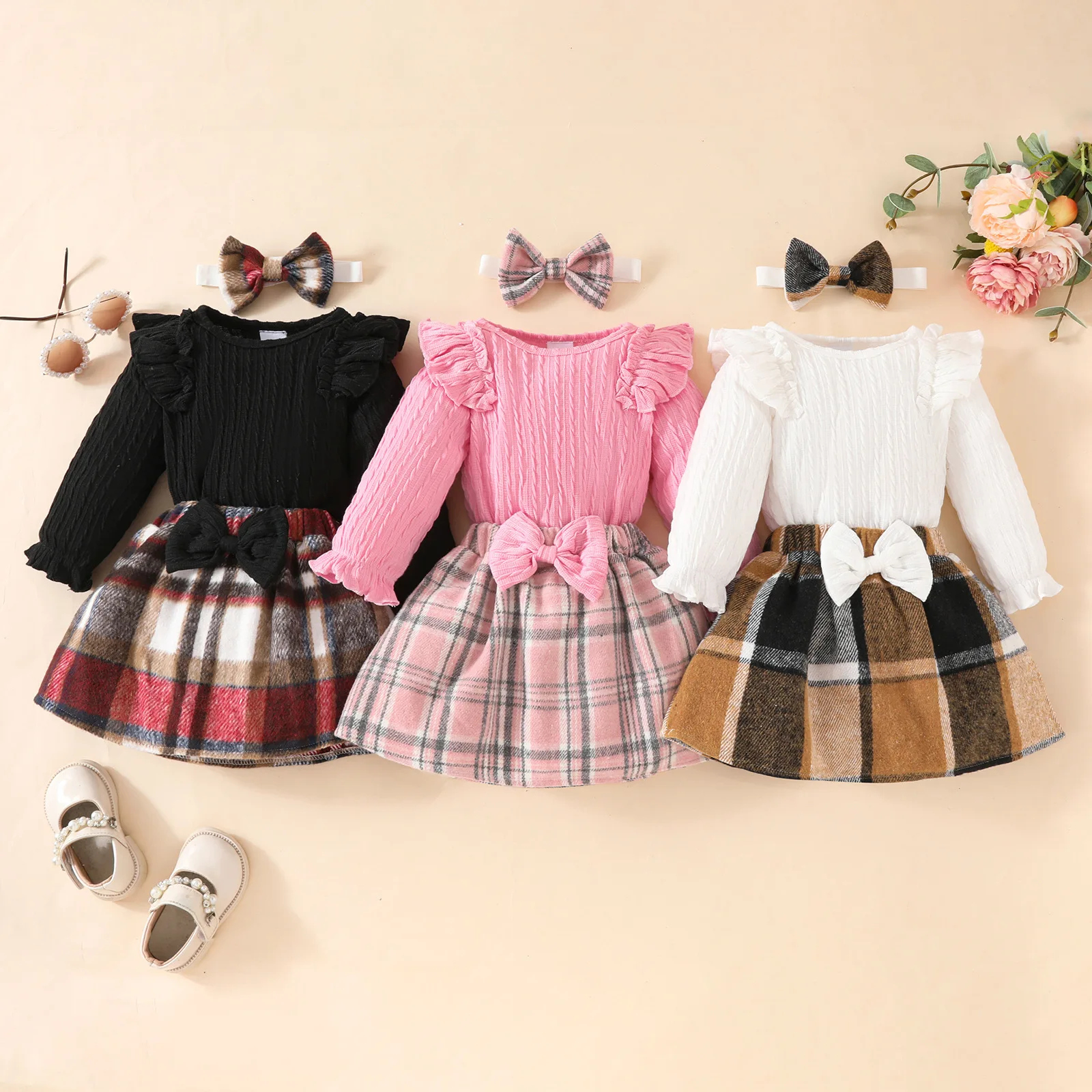 2024 Autumn Newborn Girls Clothing Hot Selling Long Sleeve Triangle Romper Plaid Bow Skirt Baby Clothes
