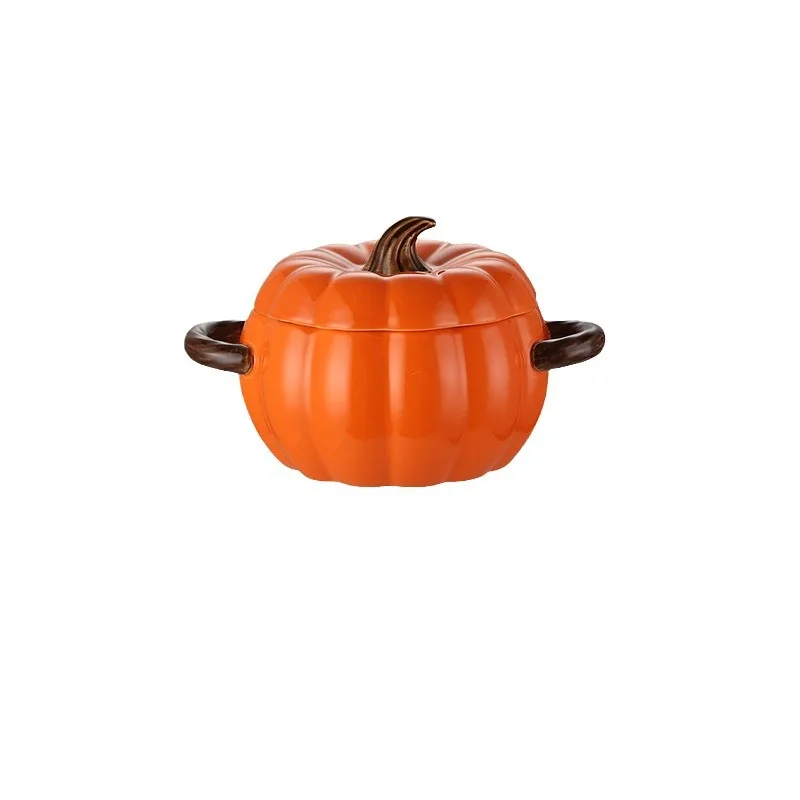 New Creative Pumpkin Shape Ceramic Soup Pot Household Large Capacity Double Ear Soup Bowl with Lid