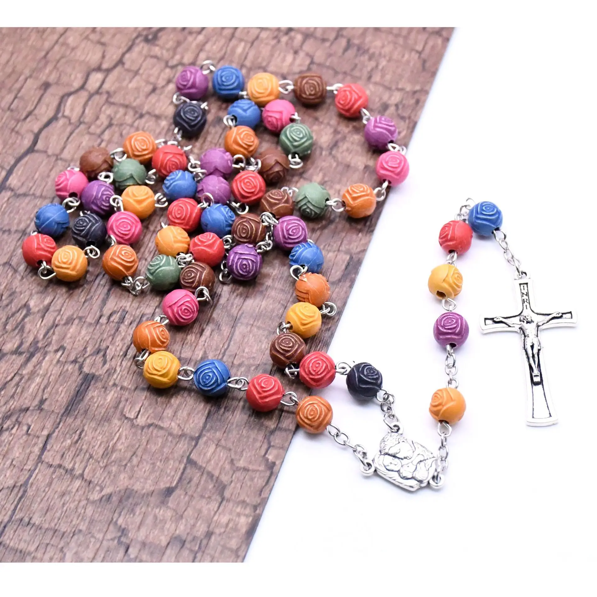 8mm Holy Family Rose Beads Rosary Christ Cross Necklace Holy Church Prayer Beads