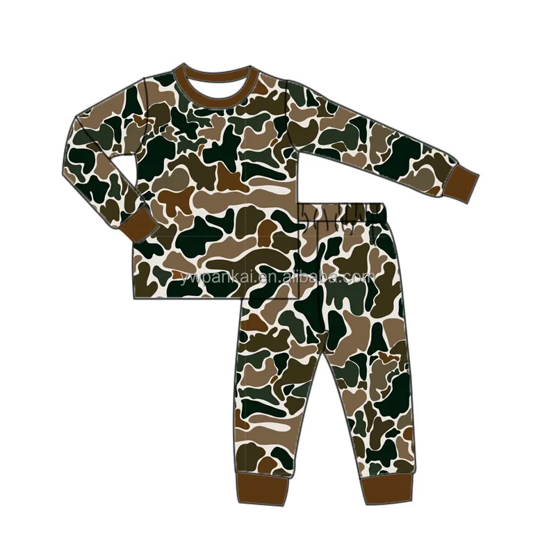 Hot Sale Camouflage Pattern Bamboo One Piece Sleepwear Rompers Kids Long Sleeve Pajamas Two Piece Set