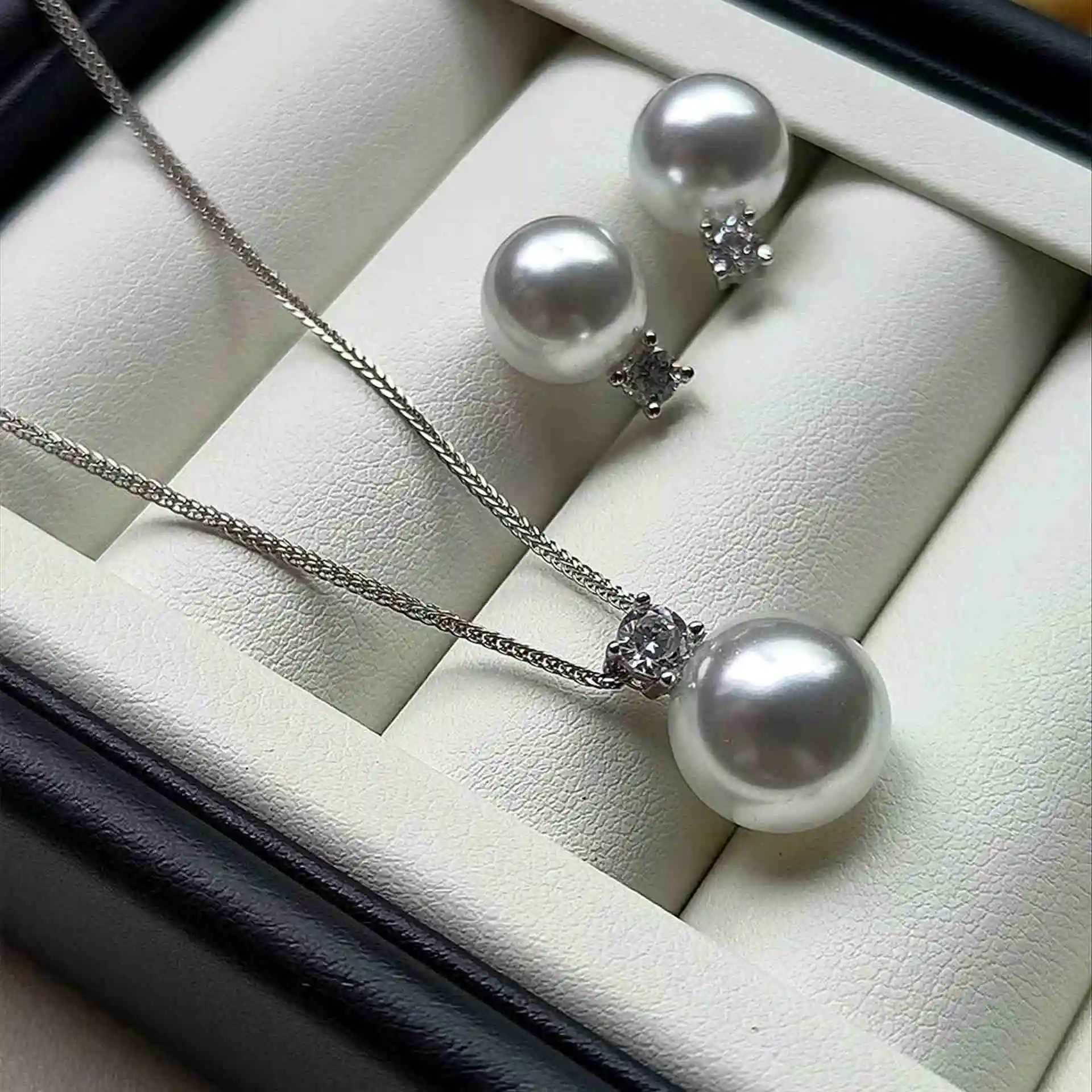 S925 sterling silver princess set 9-10 mm freshwater pearl necklace earring set classic jewelry