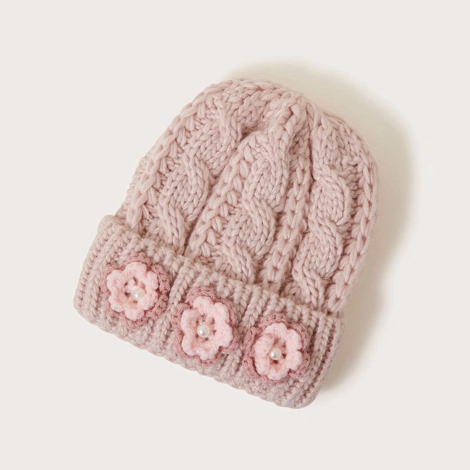 Kids Baby Rose Pink Crochet Flower Beanie Hat 100% Acrylic Chunky Yarn Cable Knitted Beanie Hat with Flower