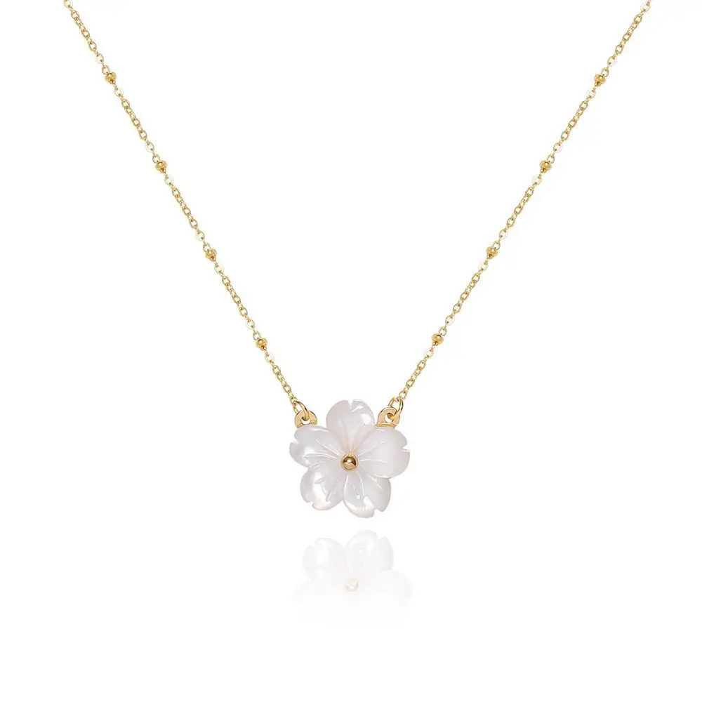 New Arrival Mother of Pearl Necklace Stainless Steel 18k Gold Beaded Satellite Chain White Shell Small Flower Pendant Necklace