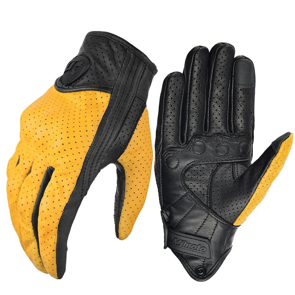 Summer Breathable Perforation Motorcycle Gloves Retro Leather Full Finger Touchscreen Gloves Built-in EVA Shell Protection Glove