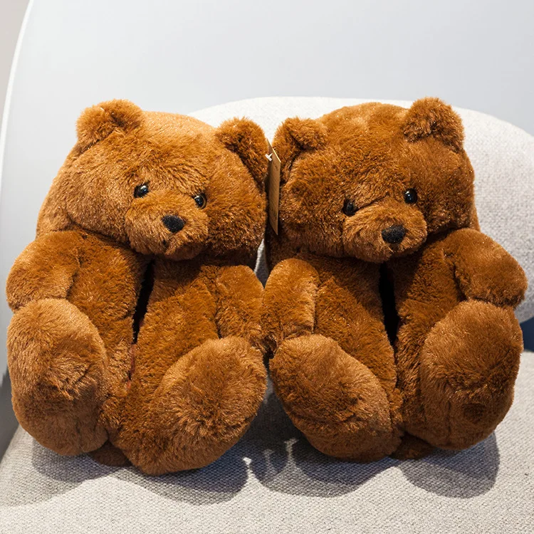 Cute Unisex Indoor Winter Slippers Plush Toys Soft Ladies Teddy Bear Furry Bedroom Shoes for Birthday Gift